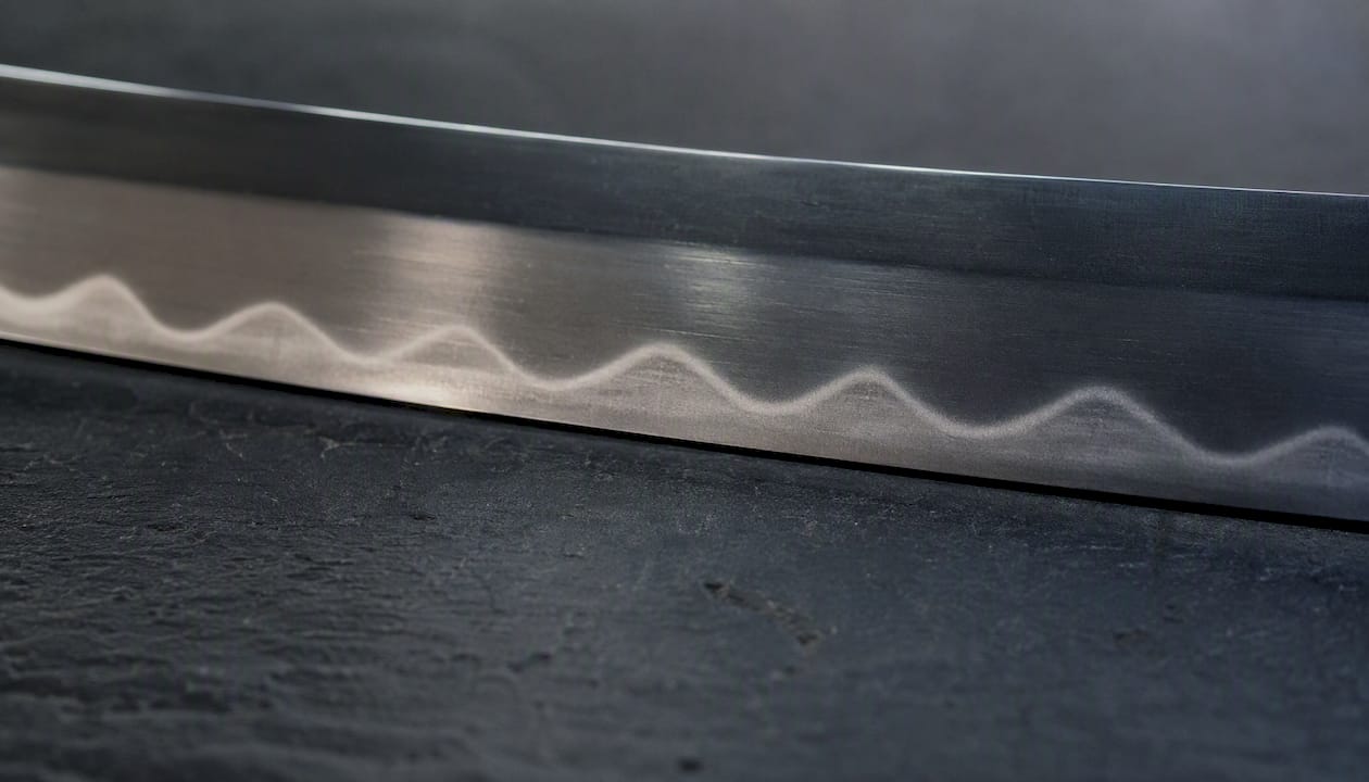 Close-up of notare wave hamon pattern on sword blade