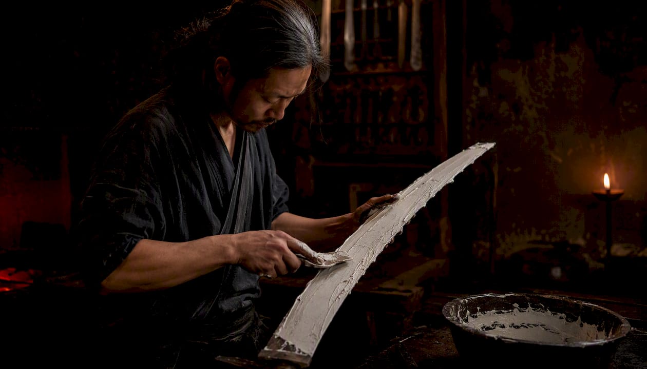 Hands applying clay to sword blade