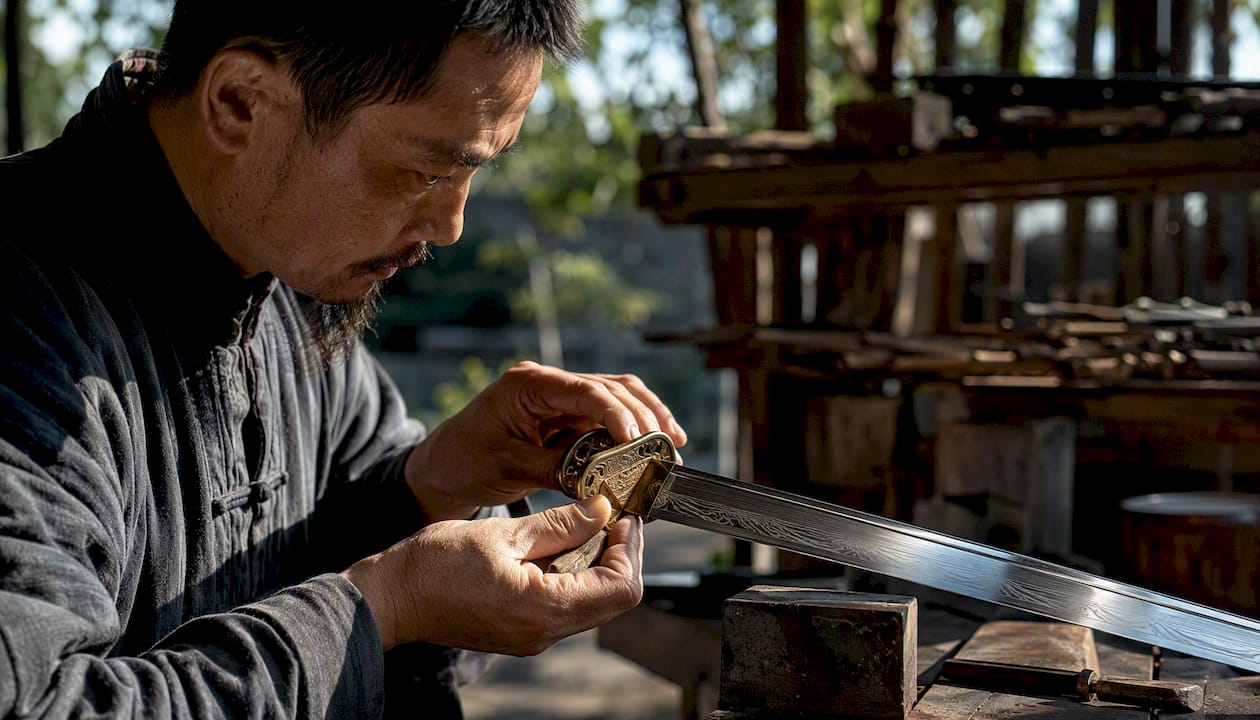 Swordsmith hands fitting brass guard on jian