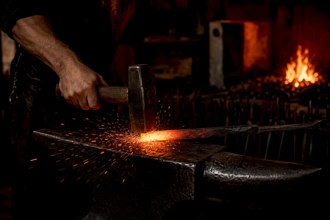 Hammer striking glowing metal during forging