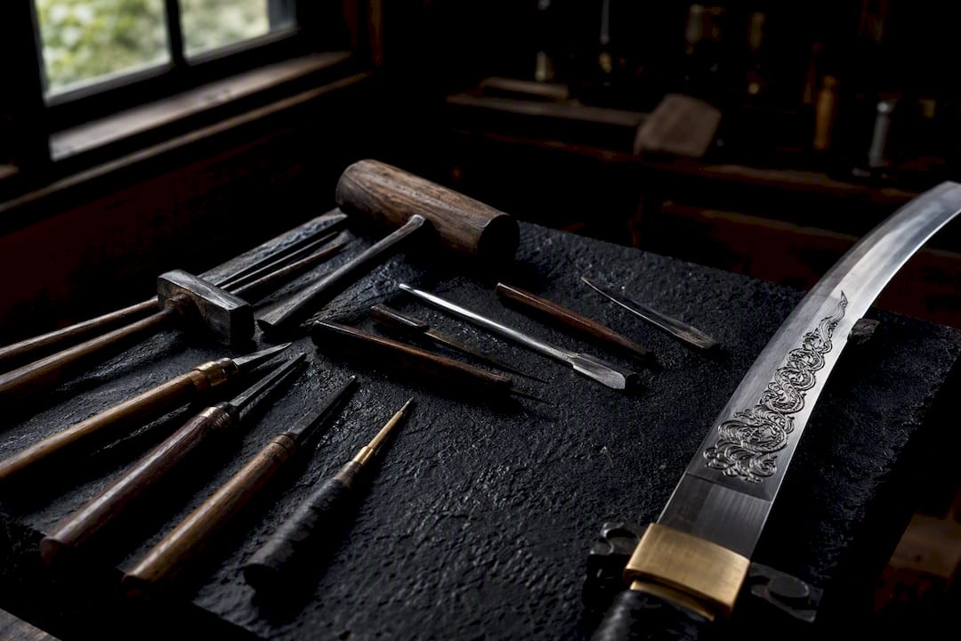 Traditional Japanese engraving tools and blade detail
