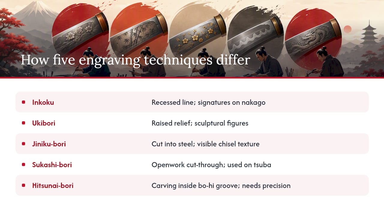 Diagram comparing traditional Japanese katana engraving techniques