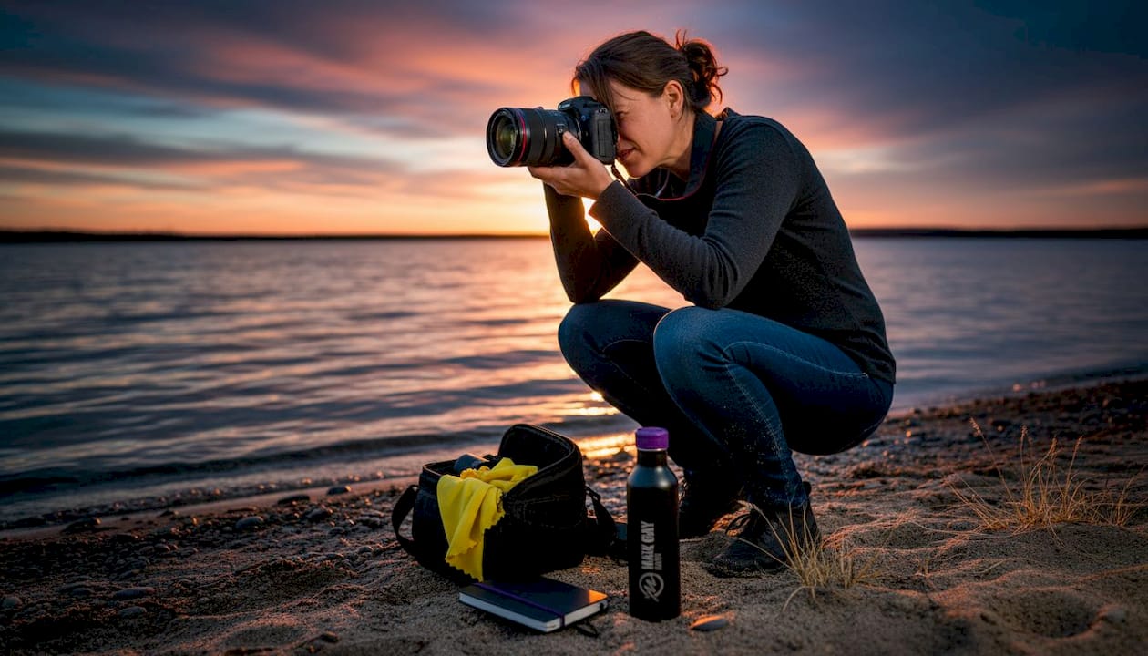 Woman composing lakeshore landscape photo