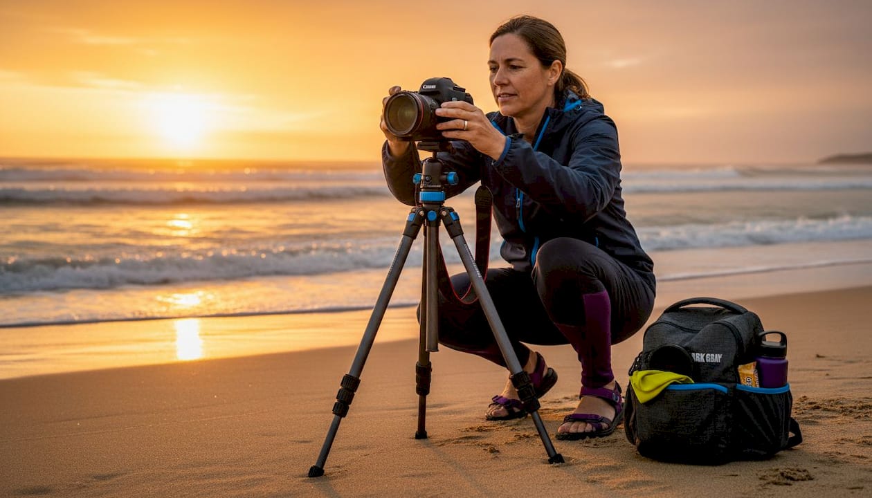 Photographer mounting filter on tripod camera