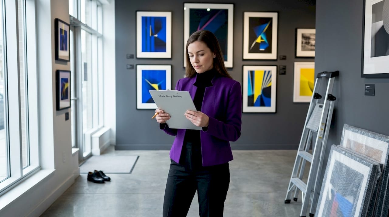 Gallery worker reviewing print edition sizes