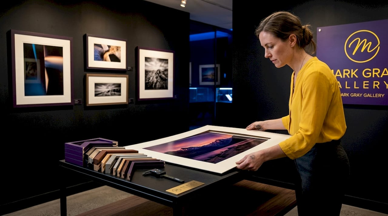 Gallery staff framing landscape print