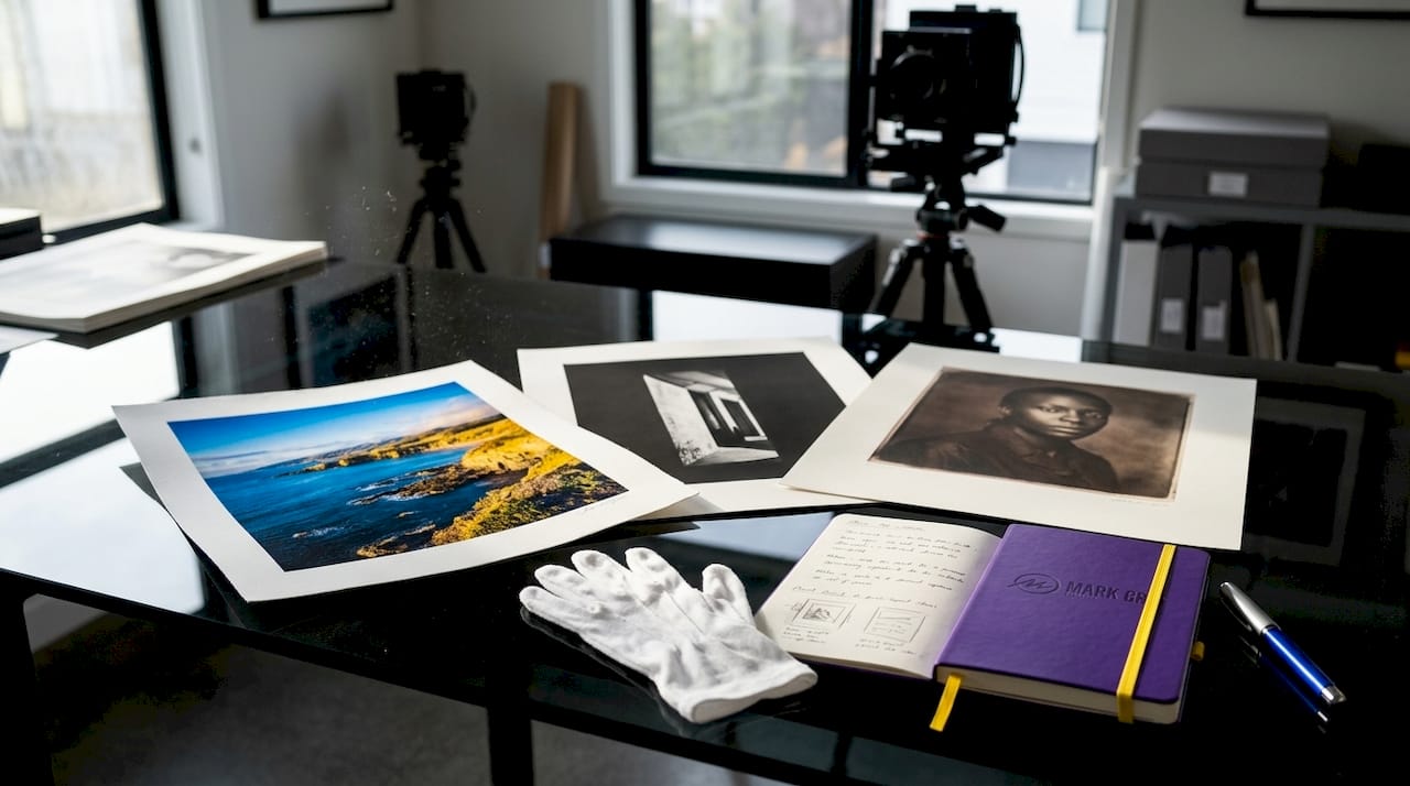 Three types of limited edition photography prints displayed