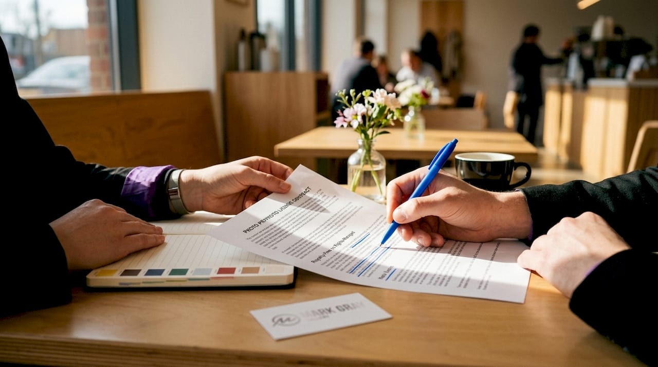 Hands exchanging photo license contract
