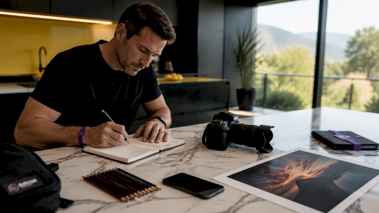 Hands calculating print production costs with notebook and camera