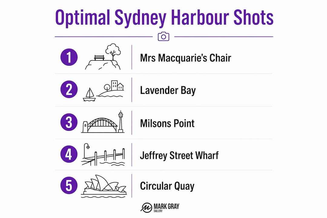 Infographic with steps for best Sydney Harbour photography times