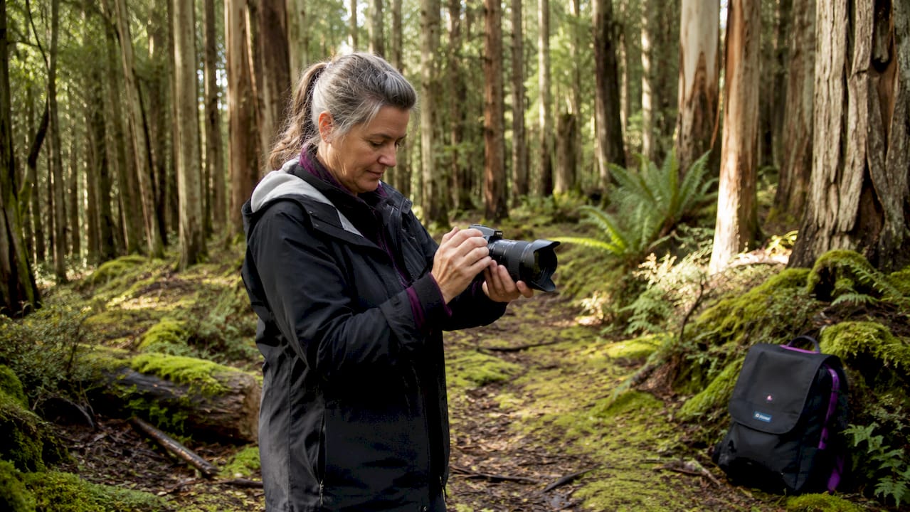 Photographer adjusting camera lens in misty Tasmanian forest