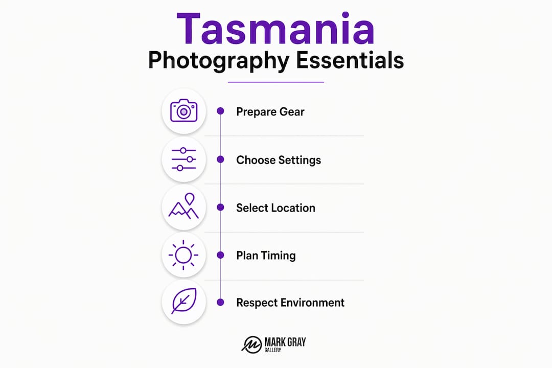 Infographic illustrating essential gear and steps for Tasmania photography