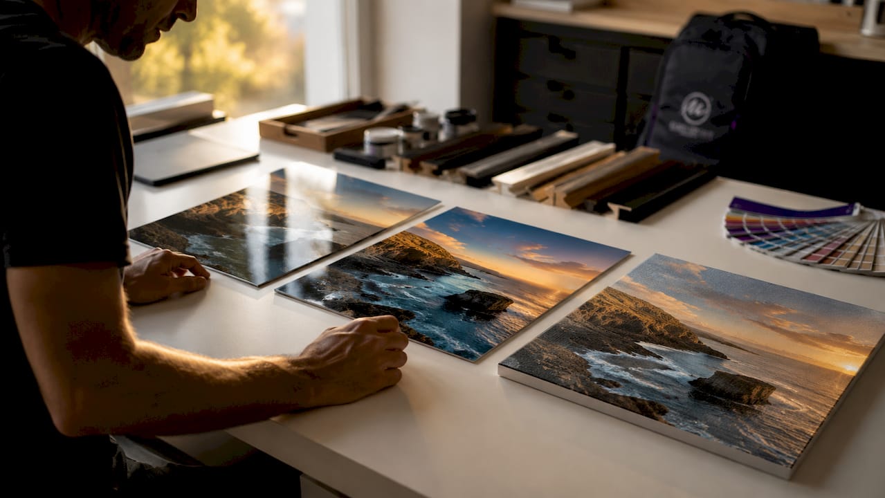 Hands inspecting landscape print materials on table