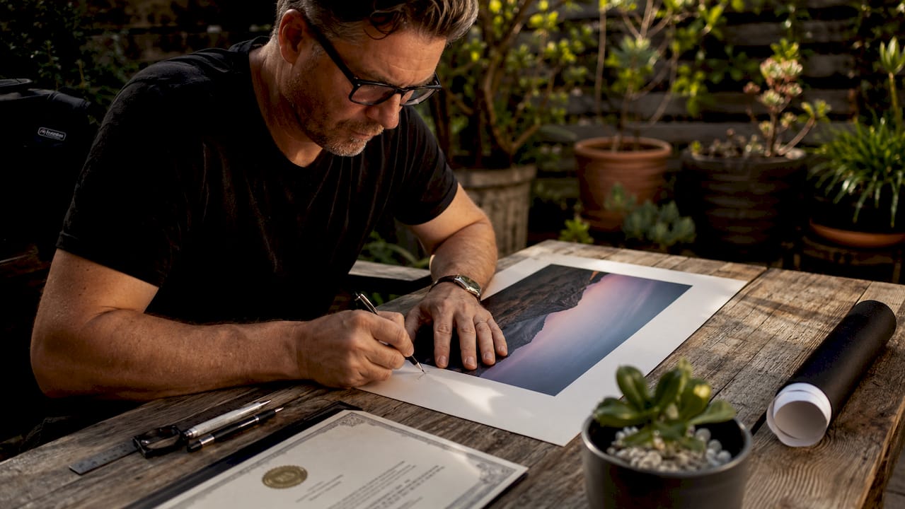 Artist signing limited edition travel photo print