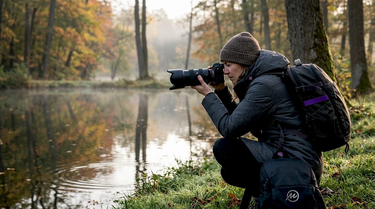 Female photographer checking DSLR camera outdoors at golden hour