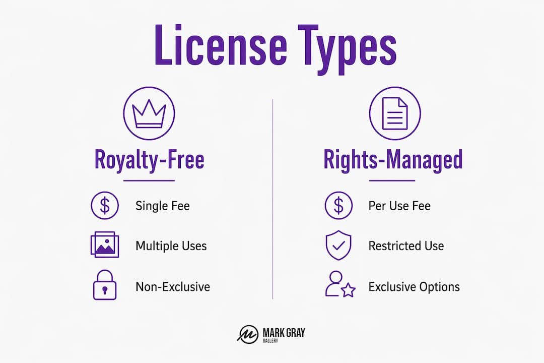 Infographic comparing Royalty-Free and Rights-Managed licenses