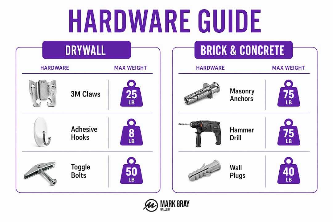Infographic comparing hanging hardware by wall type