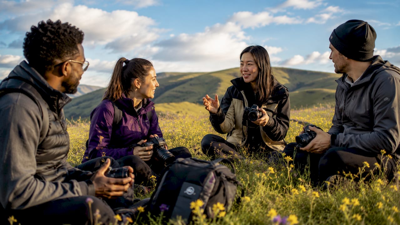 Instructor teaching outdoor photography workshop group
