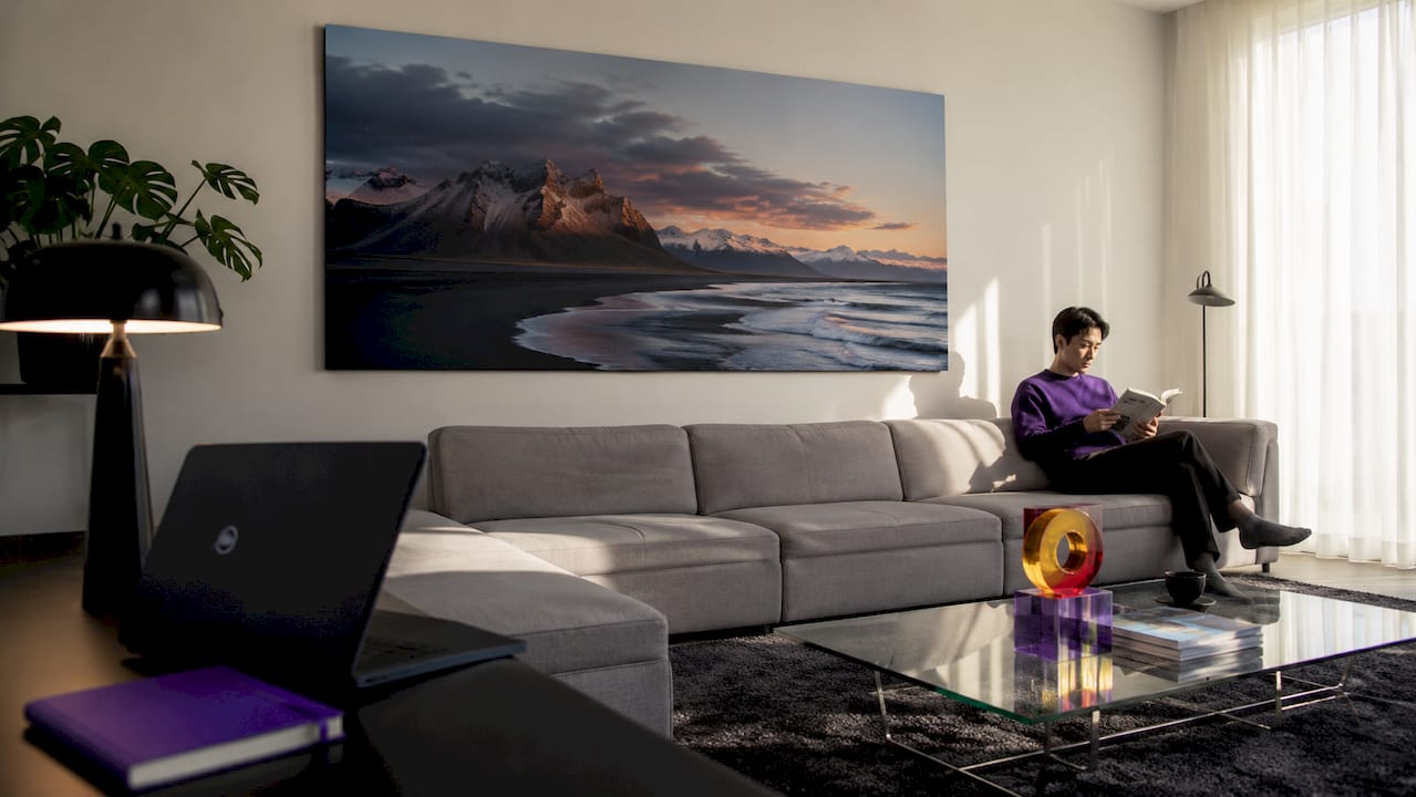 Living room with large photo print and sitting viewer