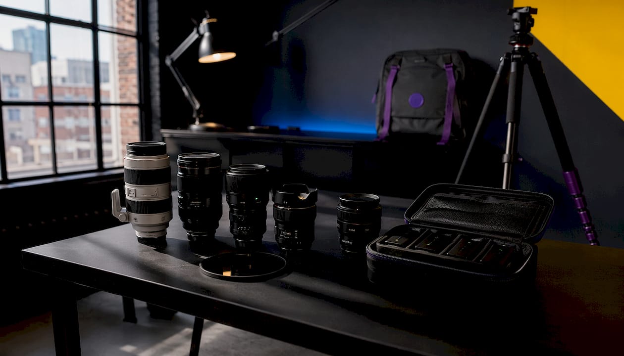 Landscape photography gear arranged on wooden table