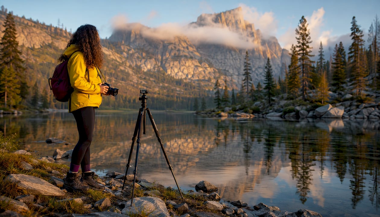 Photographer capturing mountain lake landscape