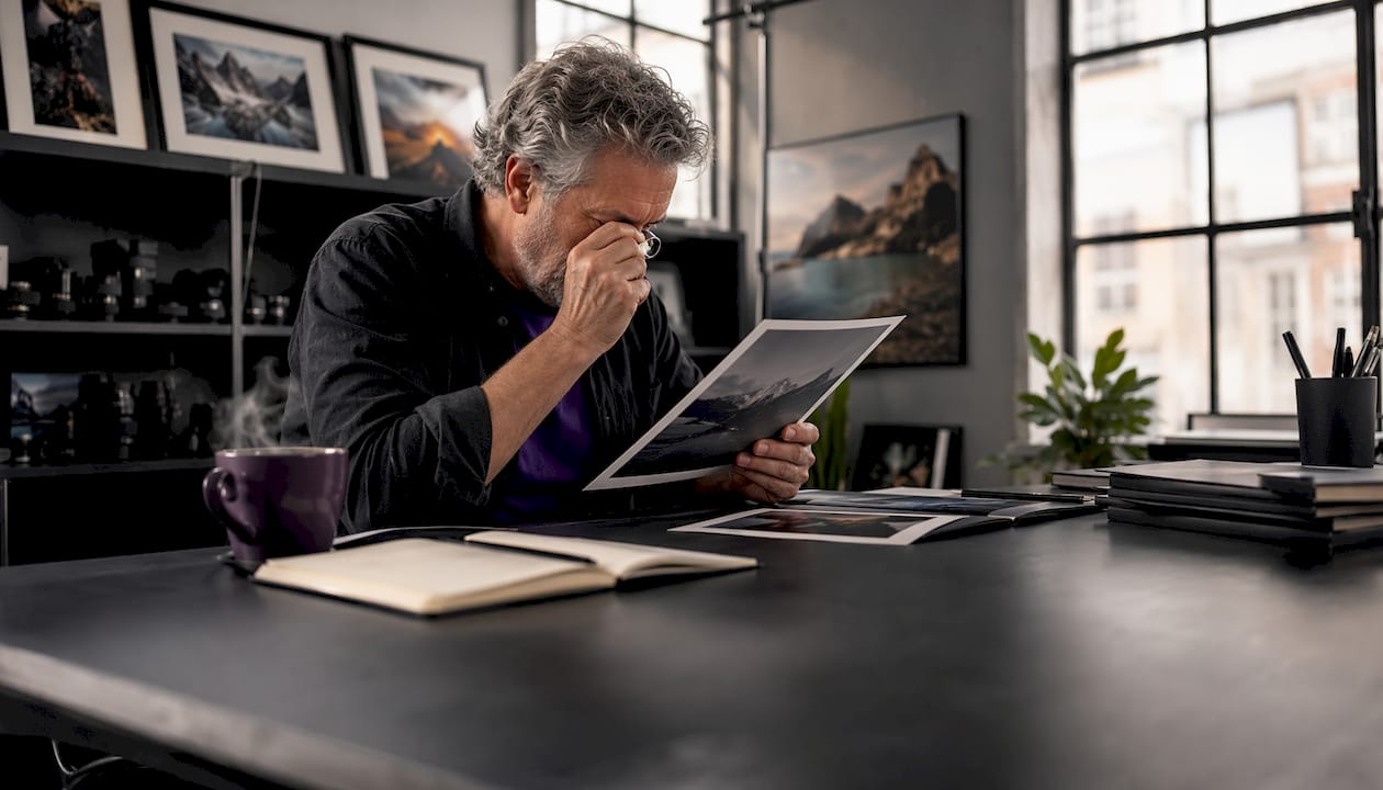 Experienced photographer reviewing prints in studio