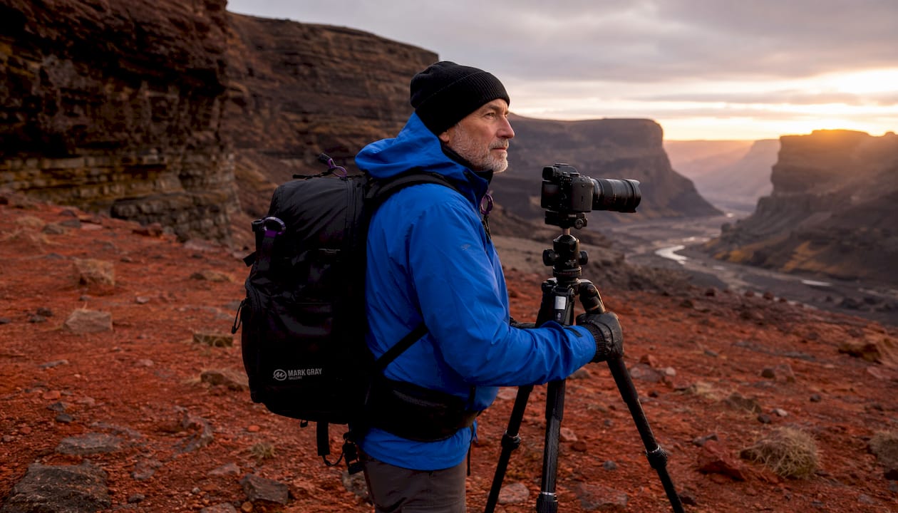 Photography guide studying Icelandic volcanic landscape