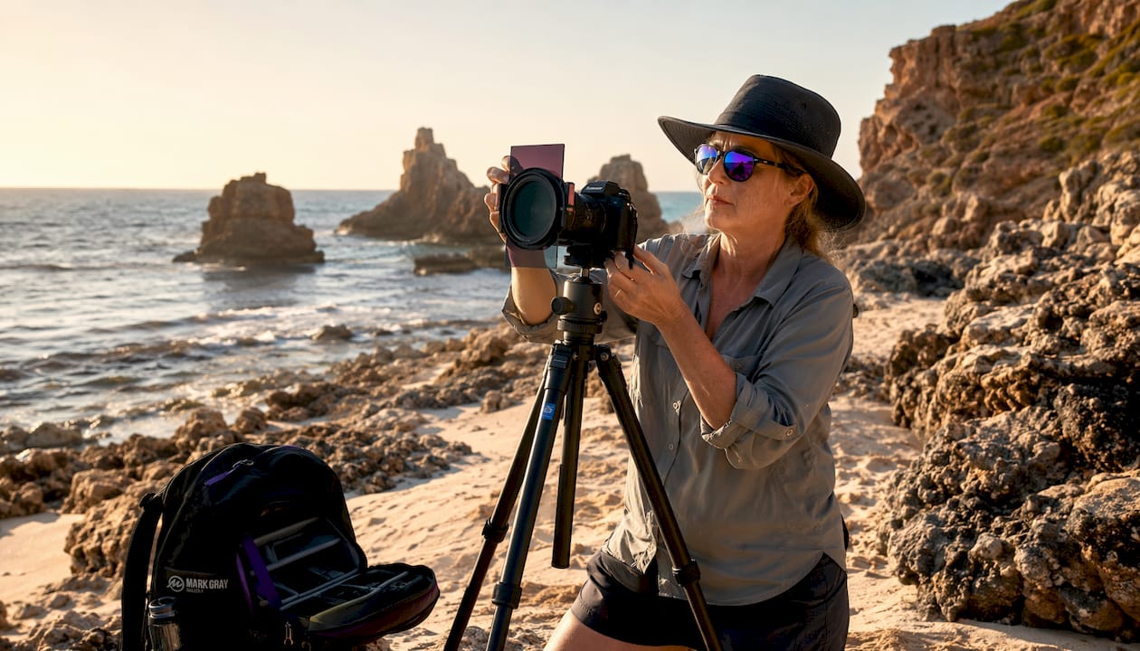 Photographer adjusting tripod and ND filter outdoors