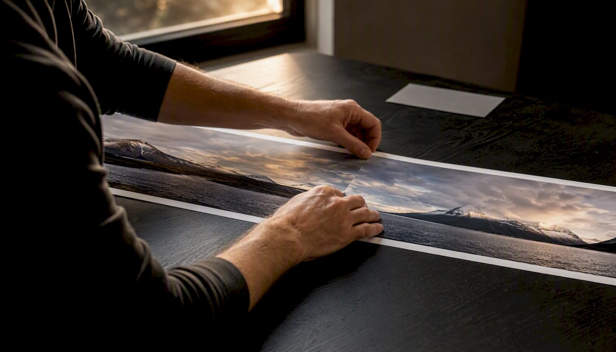 Hands blending printed panorama images