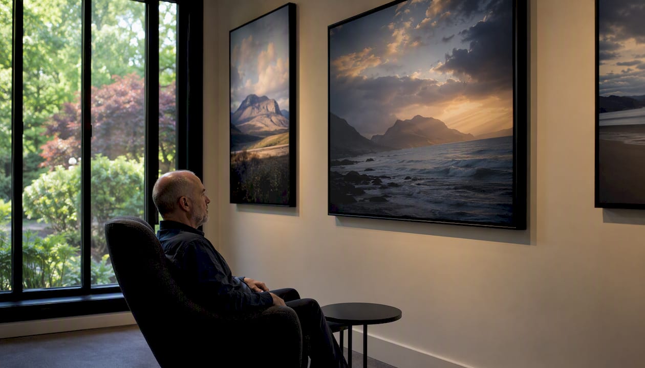 Clinical hallway with calming nature photos