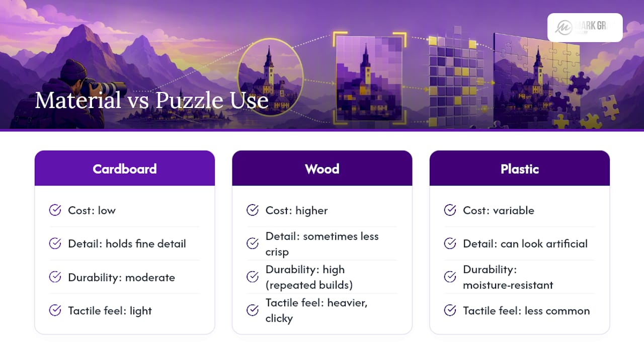 Material and Puzzle Type: Cardboard, Wood, and Plastic — overview diagram