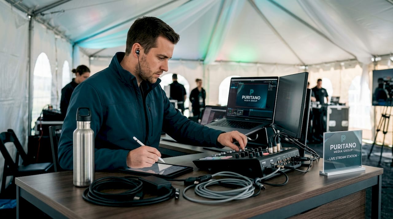 Live stream producer backstage at event workspace