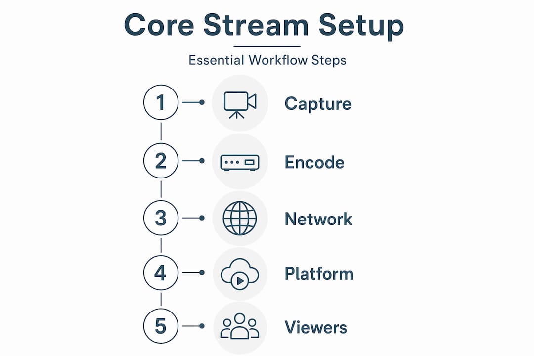Infographic of live stream setup workflow steps