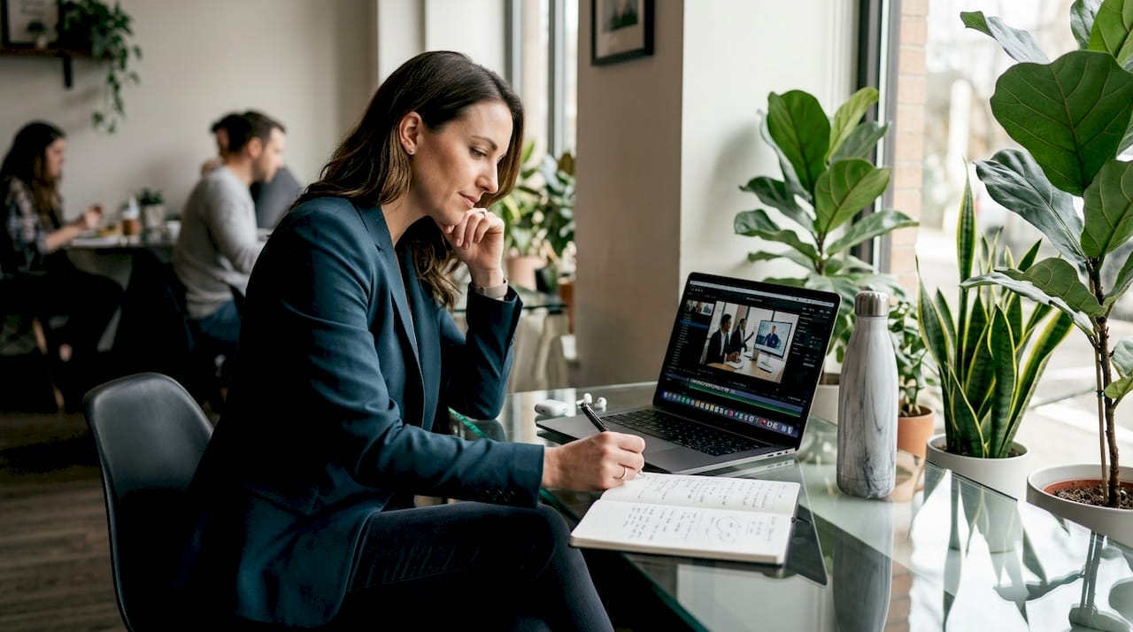 Manager reviewing corporate video at conference table