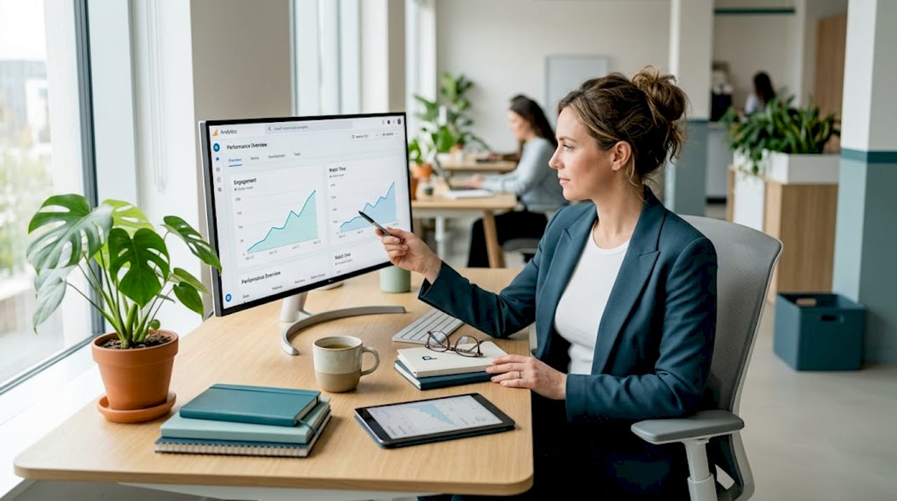 Manager examining branded video performance metrics