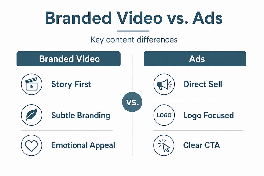 Infographic comparing branded video content and ads