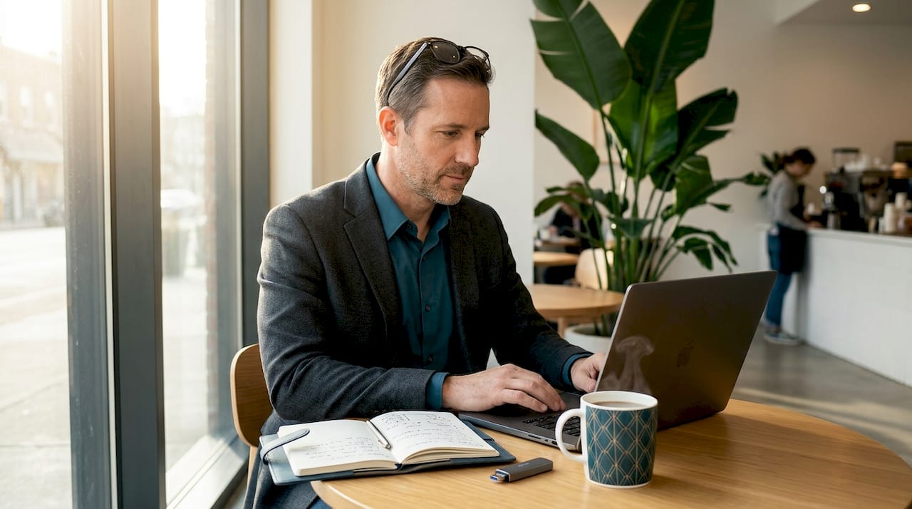 Video producer reviewing event footage at office table