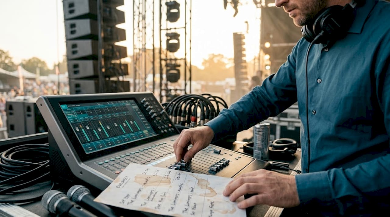 Audio engineer working backstage on console
