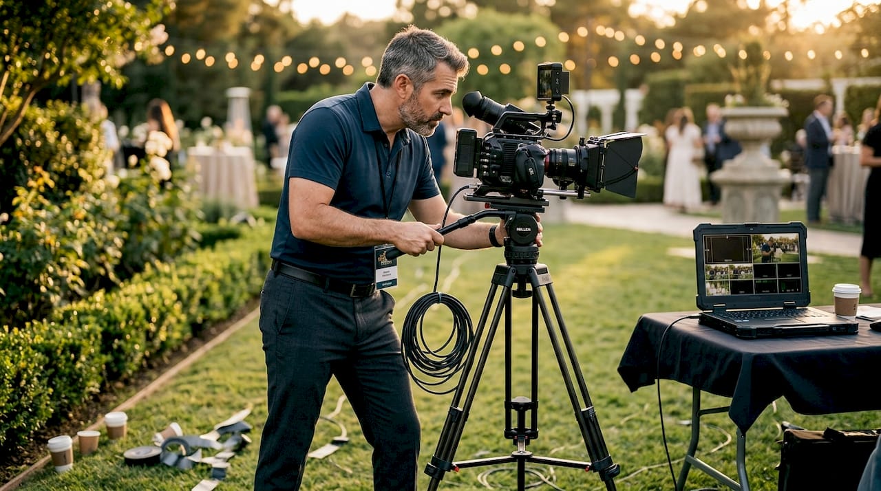Video technician setting up live event camera