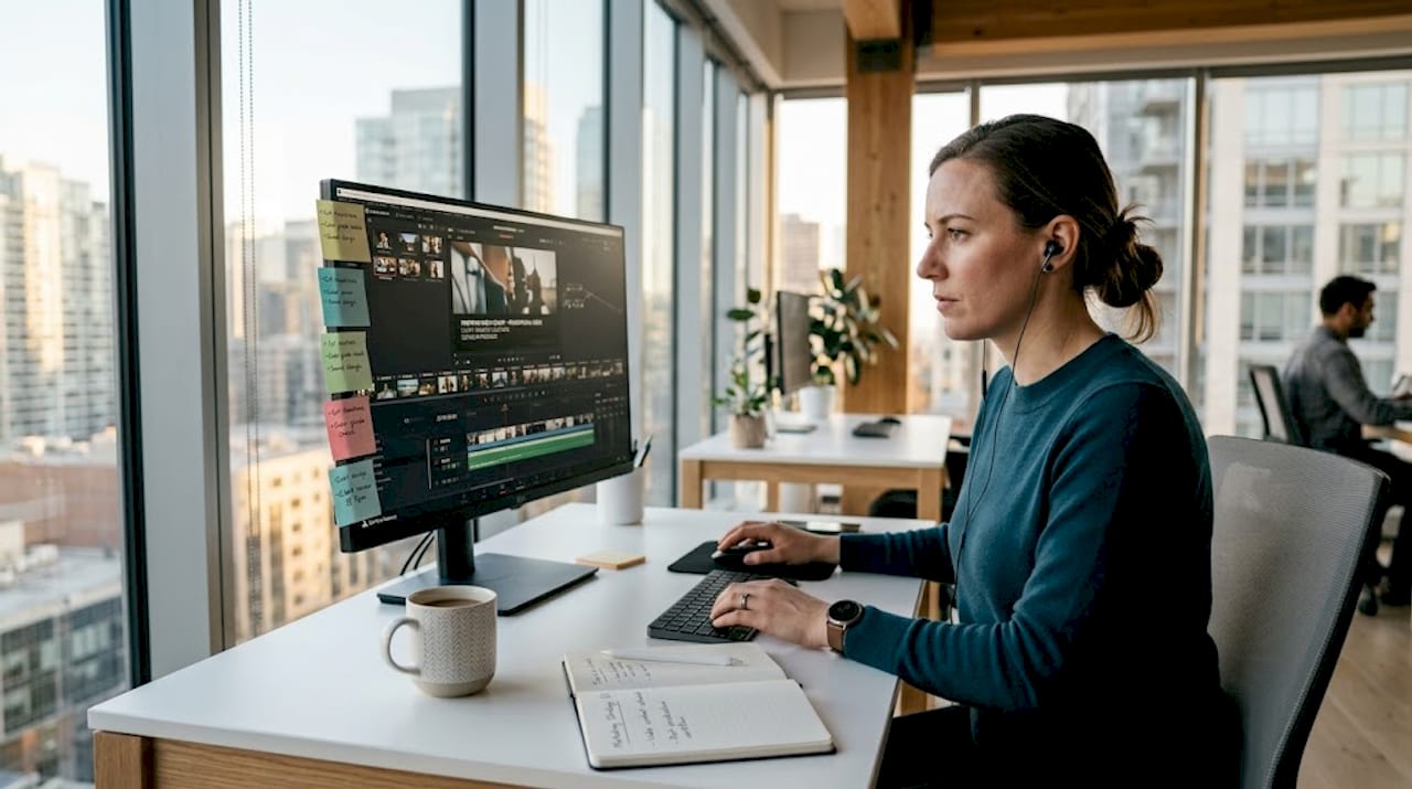 Marketer editing video in home office