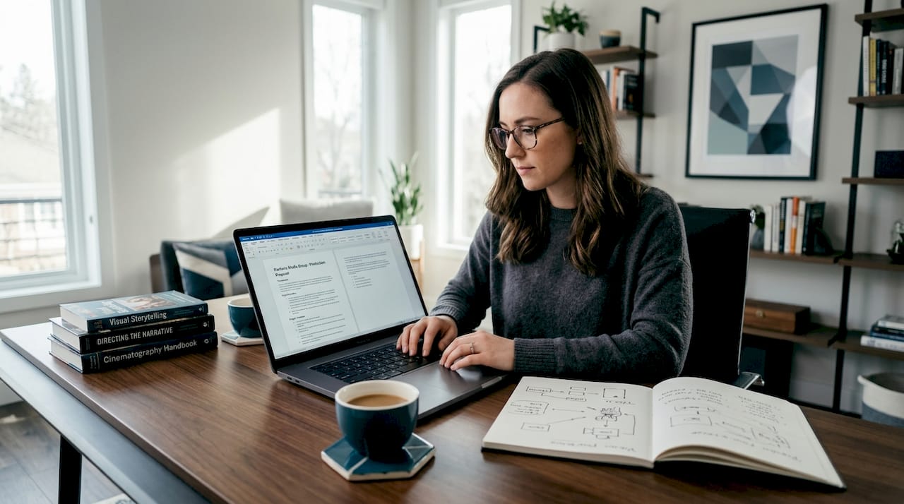 Woman drafting video proposal in home workspace