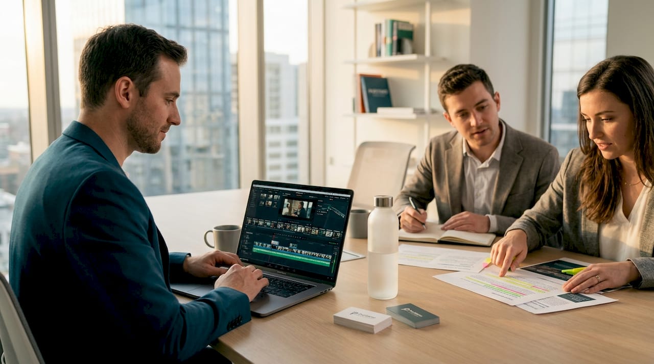 Pitch meeting with video producer and agency team