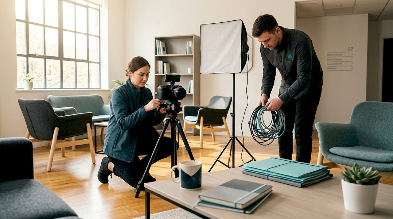 Small video crew preparing office shoot