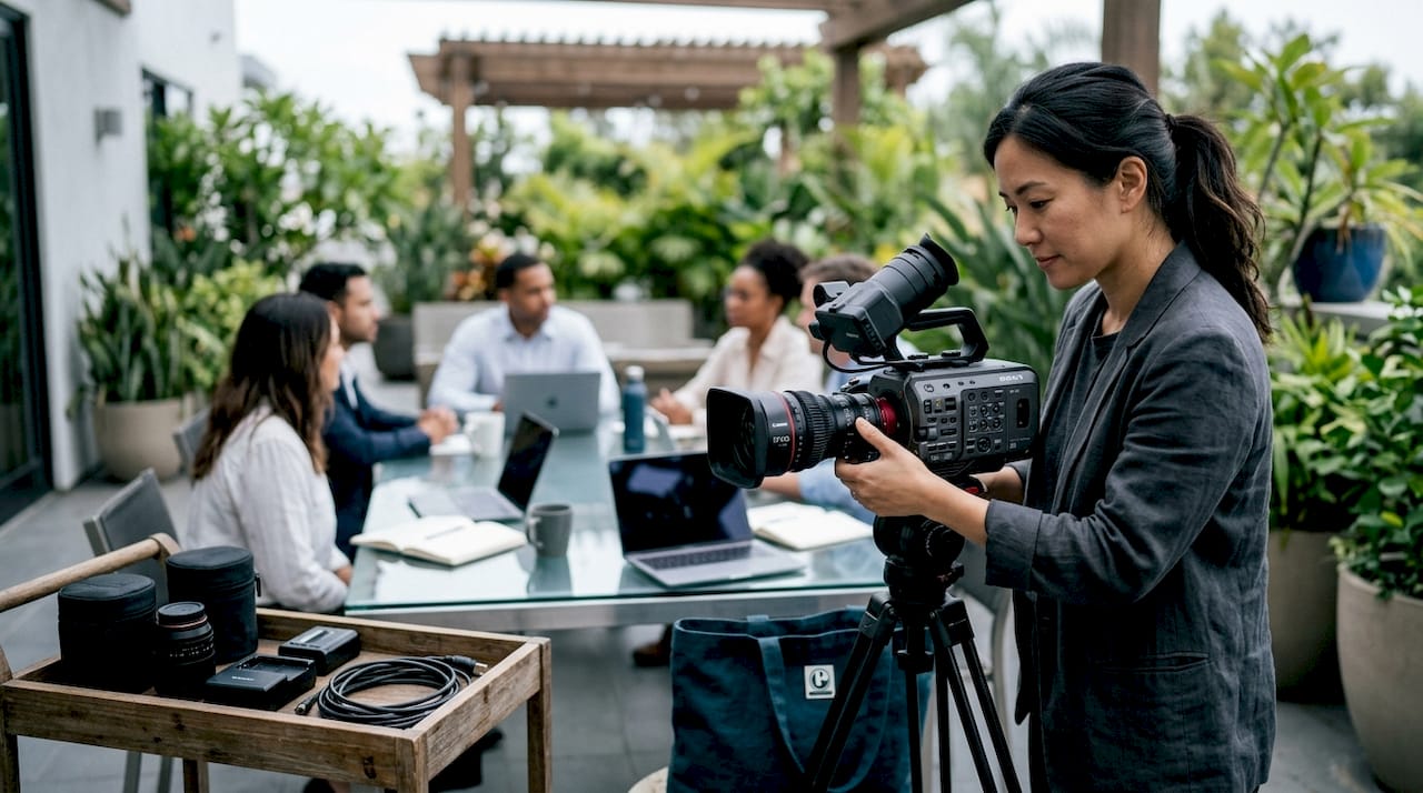 Videographer filming corporate meeting indoors