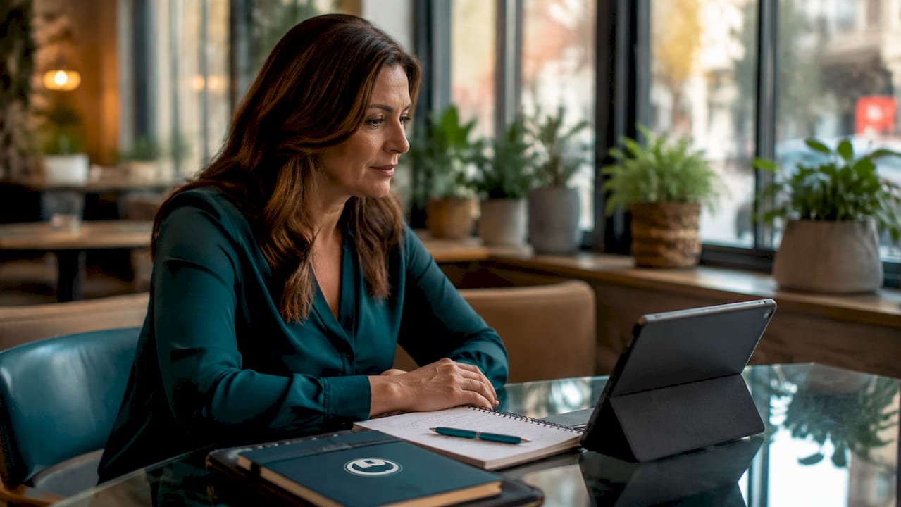 Woman watching corporate training video attentively