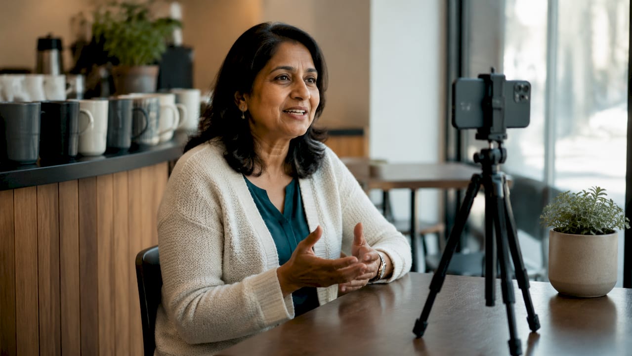 Member recording testimonial video in office