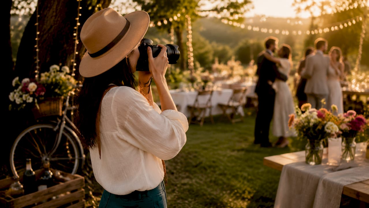 Photographer capturing candid moments at outdoor wedding