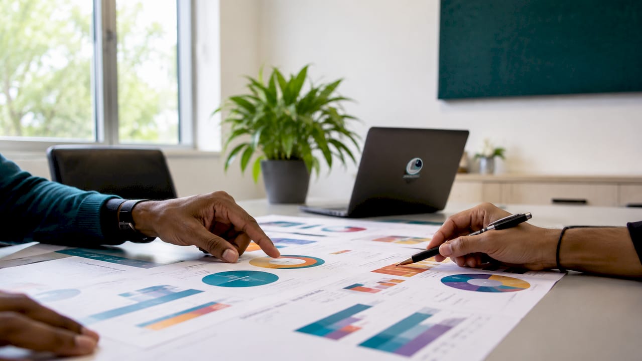 Hands pointing at video marketing ROI charts