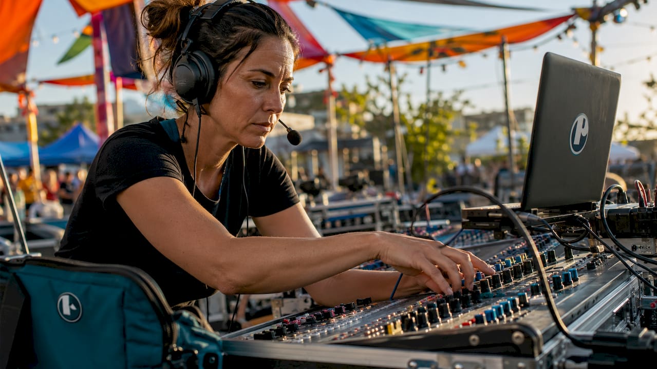Audio engineer adjusting live event soundboard