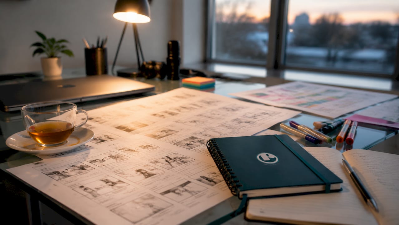 Hands arranging storyboard and notes on table